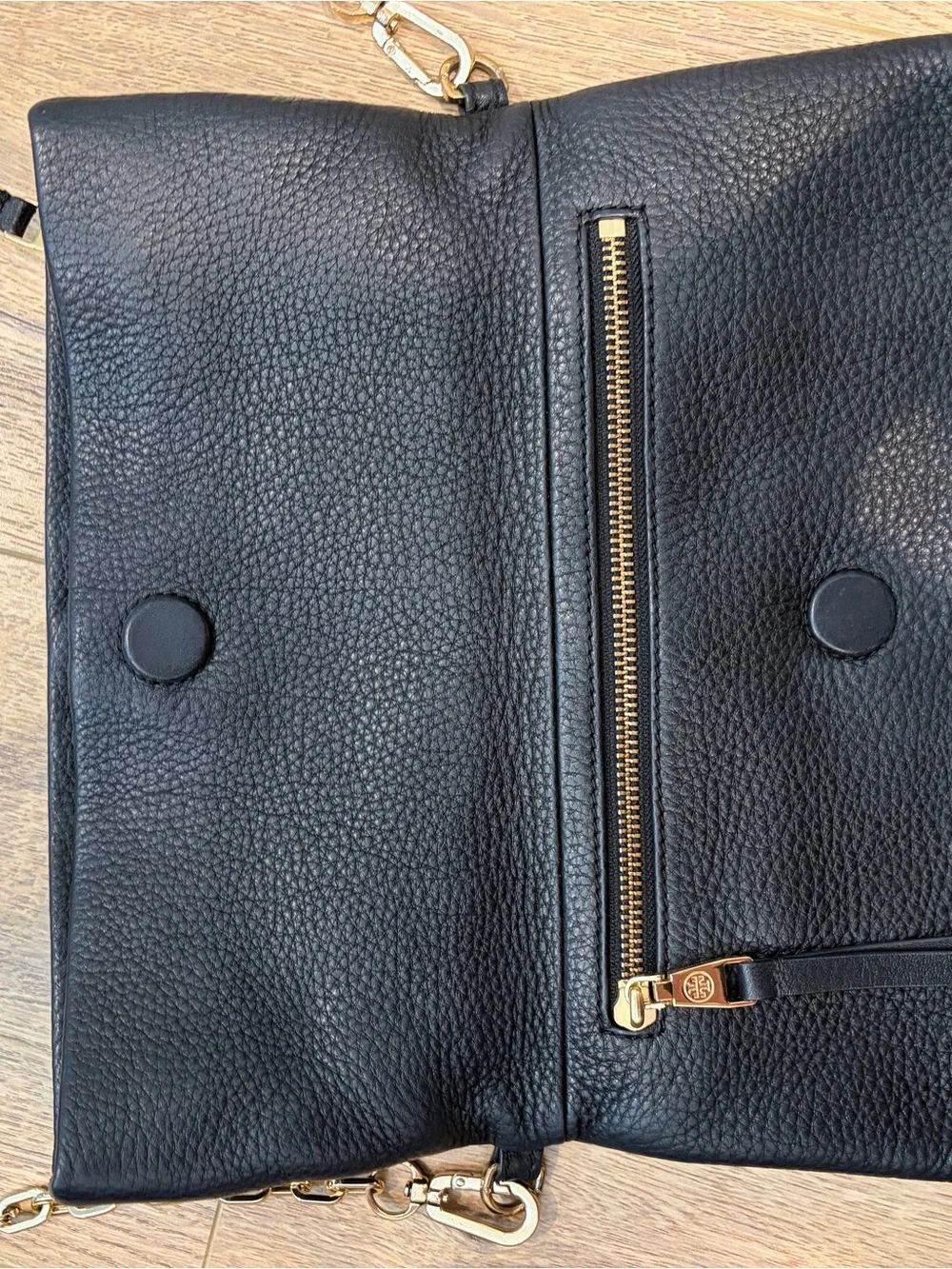 Tory Burch Black Pebbled Leather Fold-Over Crossbody with Gold Chain